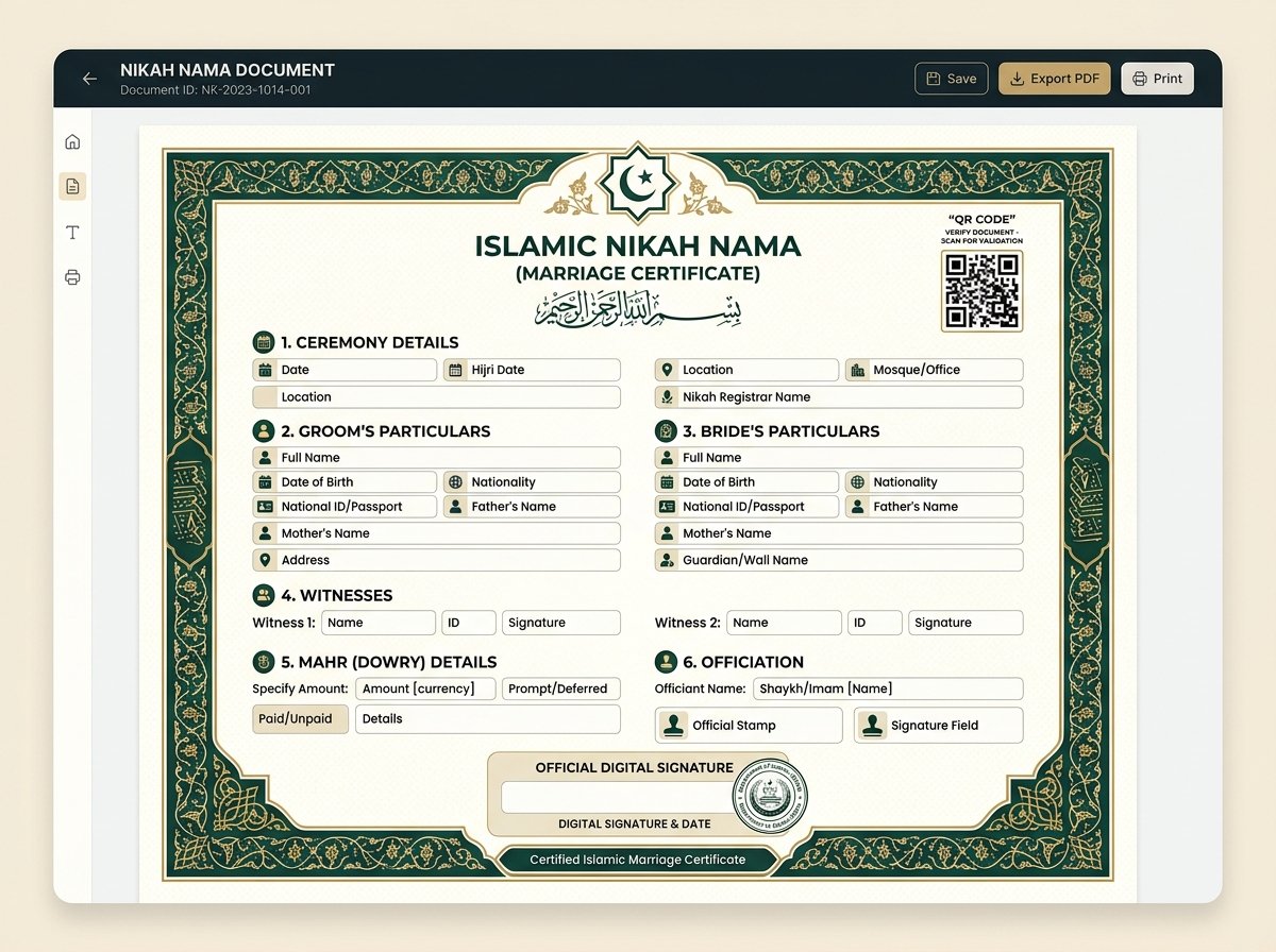 Nikah Nama Certificate UI Mockup